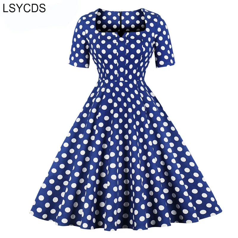 

LSYCDS Summer Women Dress Square Collar Elegant Polka Dot High Waist Retro Cotton Rockabilly Vintage Dresses
