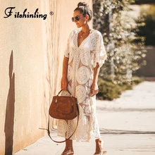 Fitshinling Bohemian Vintage Maxi Dress Summer Swimwear V Neck Flower White Boho Long Pareo Holiday Sheer Sexy Bikini Cover Up