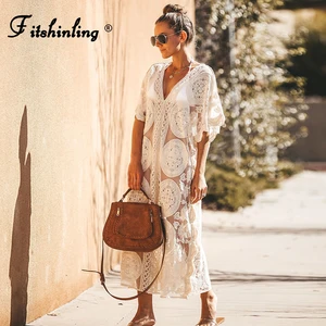 fitshinling bohemian vintage maxi dress summer swimwear v neck flower white boho long pareo holiday sheer sexy bikini cover up free global shipping
