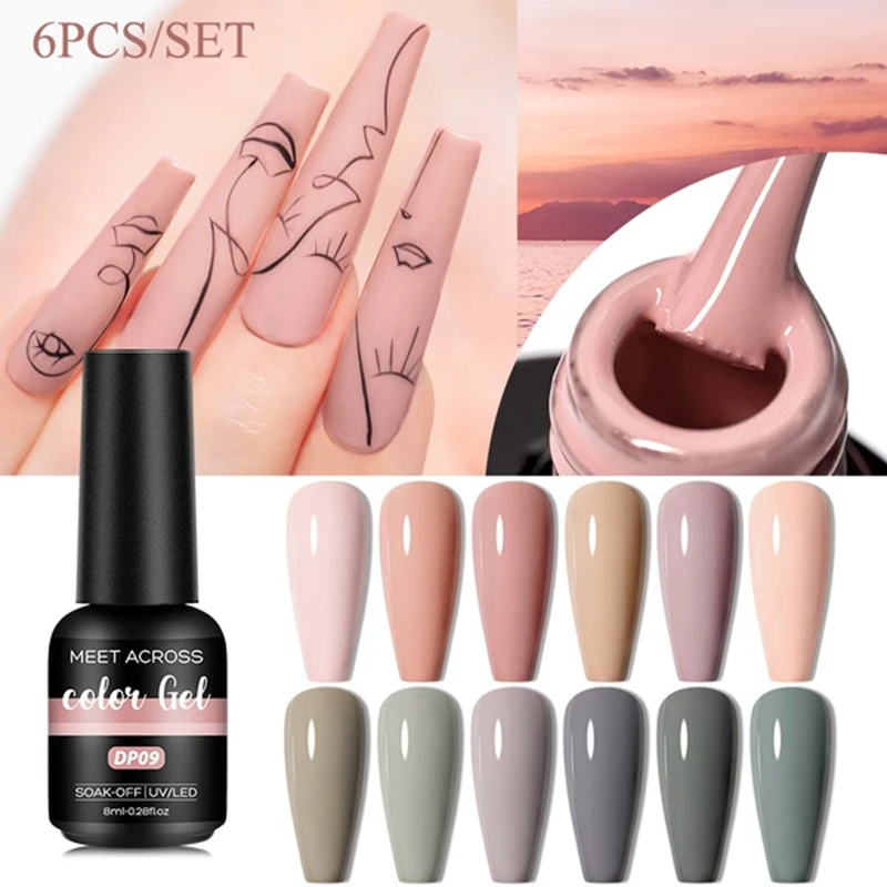 

6PCS Color Gel Nail Polish Autumn Nude Color Gray Series W/Matte Effect No Wipe Top Soak Off UV Nail Lacquer гель лак для ногтей