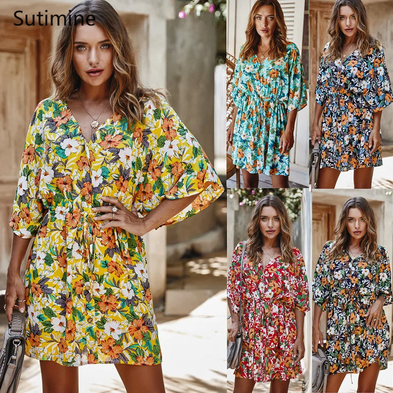 

2021 New Fashion Women Dresses Summer Half Sleeve Lace High Waist Mini Flower Dress Vintage Female Clothing Dropshipping