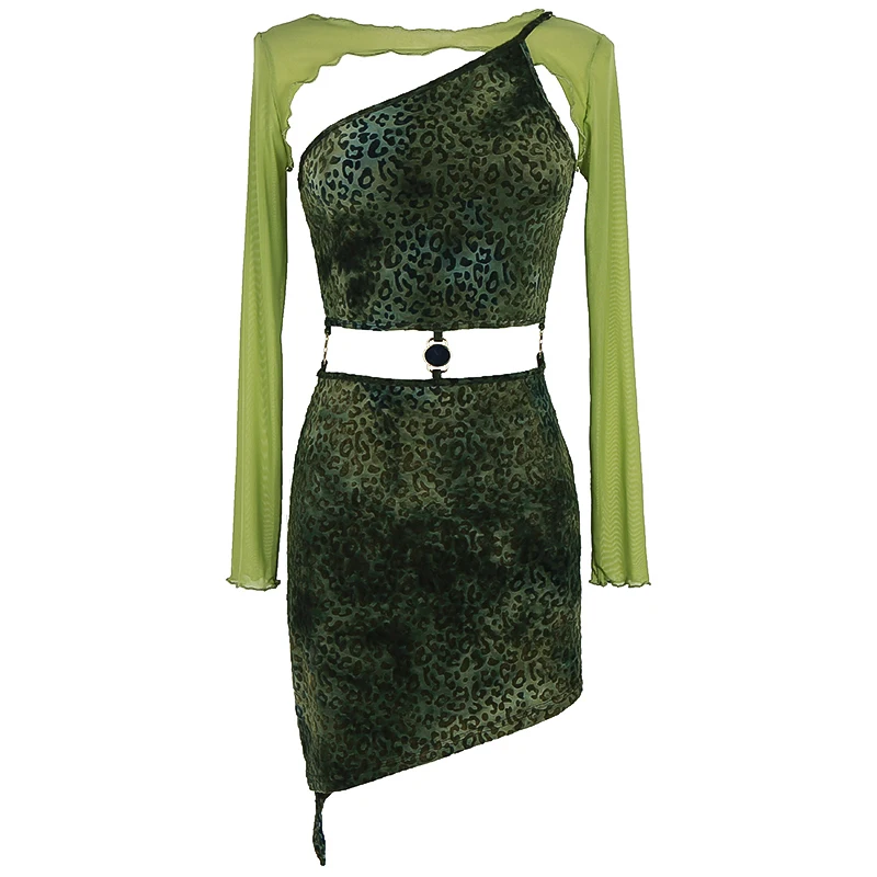 

[EAM] Women Green Spliced Slim Hollow Out Leopard Dress New Slash Neck Long Sleeve Loose Fit Fashion Spring Summer 2021 1DD7675