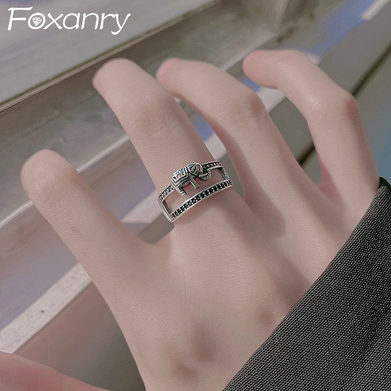 

FOXANRY 925 Sterling Silver Elephant Rings for Women Couples New Fashion Creative Hollow Geometric Handmade Party Jewelry Gifts