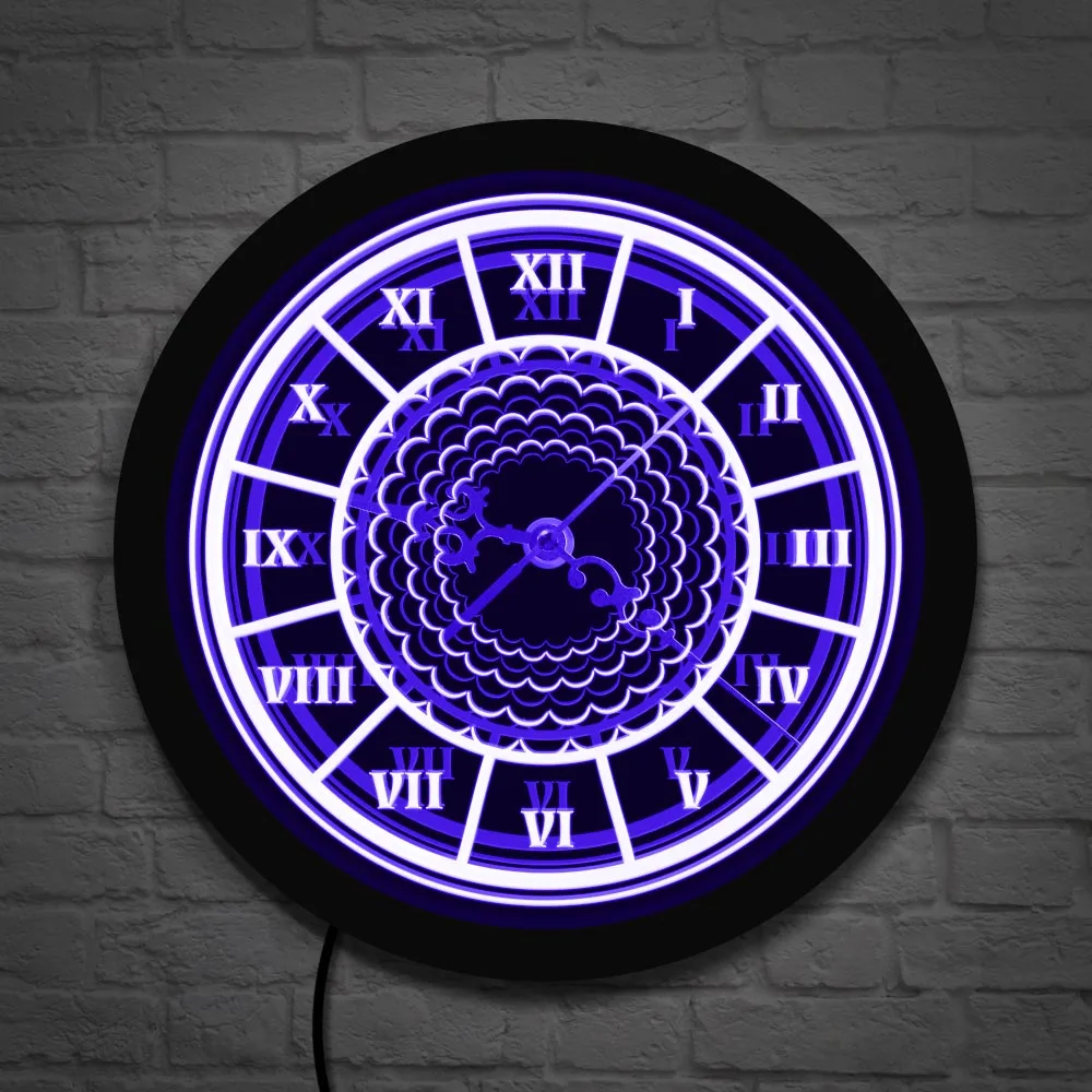 

Black Round Antique Roman Numeral With Floral Pattern LED Lighting Decorative Wall Clock 7 Color Changes With Remote Control