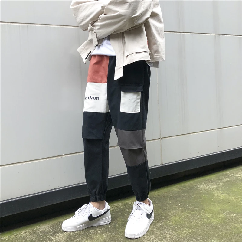 

New style men's overalls, ankle length, comfortable loose patchwork, men's Korean style men's trousers, fashion bandana pants