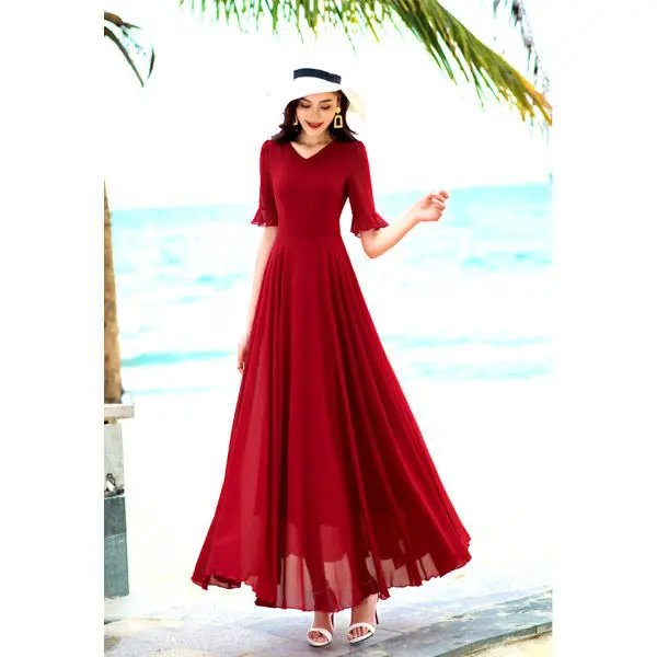 Платье женское шифоновое с V образным вырезом облегающее длинное пляжное модное