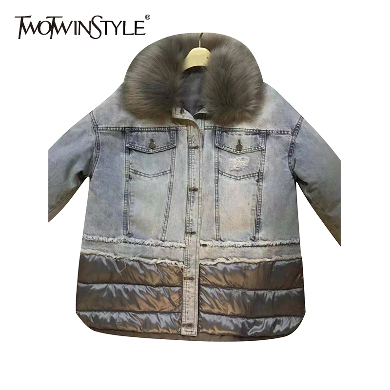 Женская джинсовая парка TWOTWINSTYLE с мехом длинным рукавом хлопковая зимняя