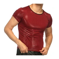 sexy men glossy skinny t shirt high quality top club wear o neck short sleeve pullover slim fit patent leather t shirt male