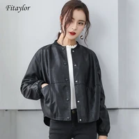fitaylor 2021 women faux soft leather motorcycle jacket short pu leather baseball uniform coat single breasted black overcoat