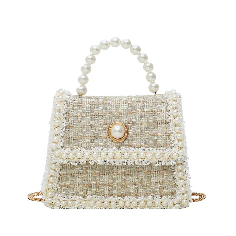 

Elegant Female Pearl Tote bag 2021 Fashion New High Quality Woolen Women's Designer Handbag Chain Shoulder Messenger Bag Purses