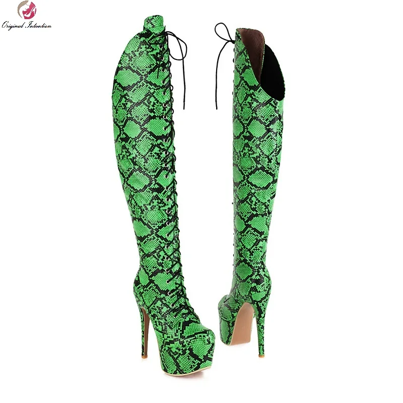 

Размера плюс, женские ботфорты выше колена, женские высокие сапоги до со вставками из кожи, имитирующей фактуру змеиной кожи для женщин; Мод...