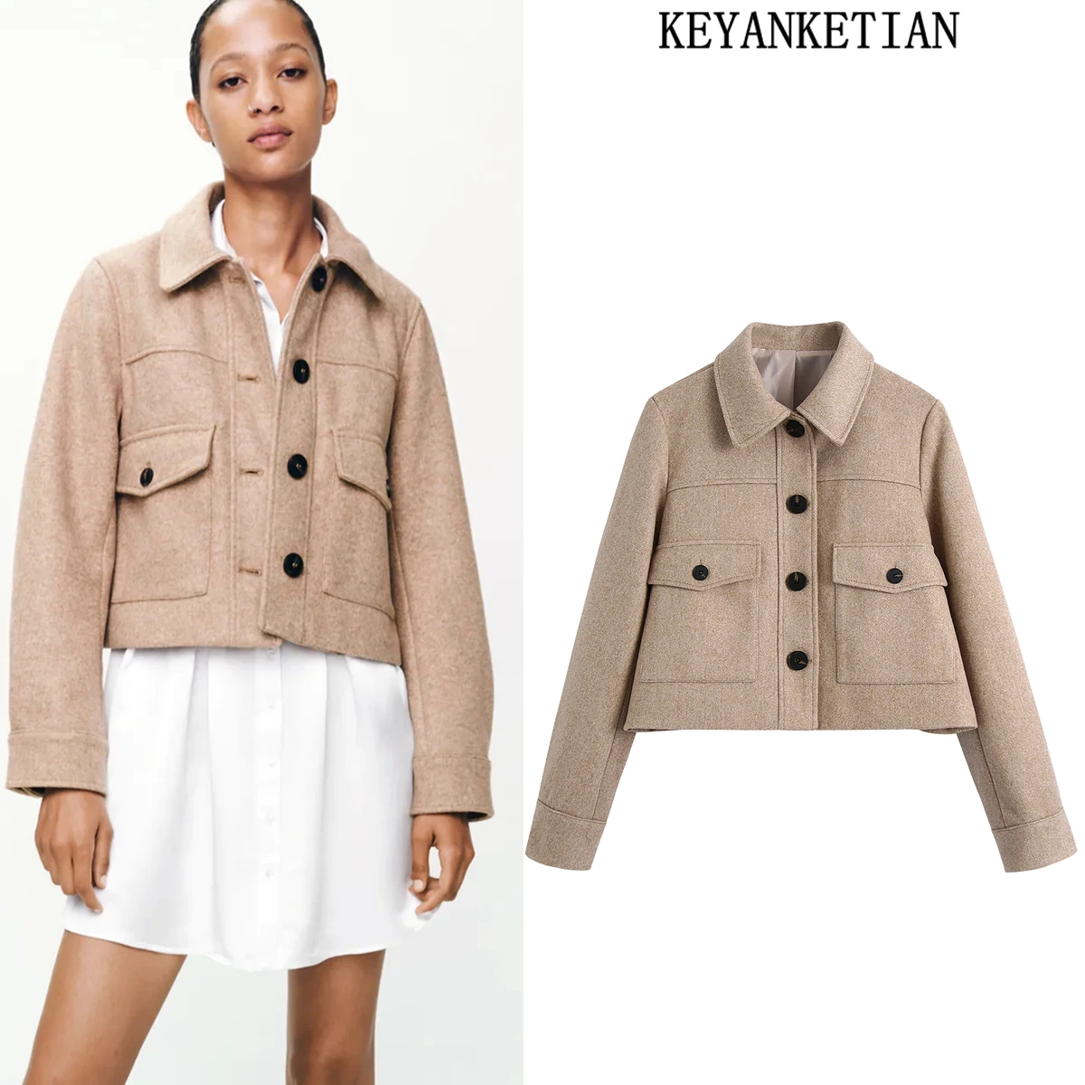 

KEYANKETIAN ZA Soft woolen coat women retro lapel long-sleeved casual shirt jacket loose buttoned office ladies jacket