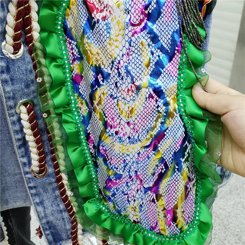 Женская короткая джинсовая куртка свободная в европейском стиле с кружевной