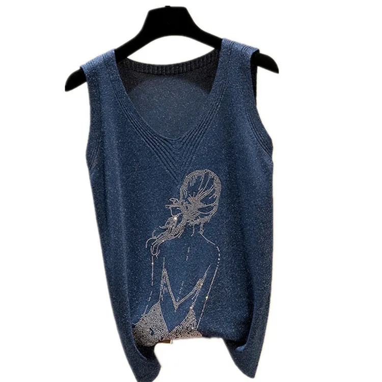 

Metallic Yarn V-neck Knitted Vest Sling Women's Summer New All-Matching Large Size Loose Rhinestone Bottoming Shirt Top