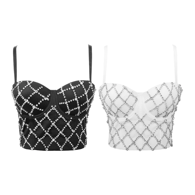 

Women Sexy Sleeveless Bustier Bra Criss Cross Rhinestone Corset Cropped Camisole