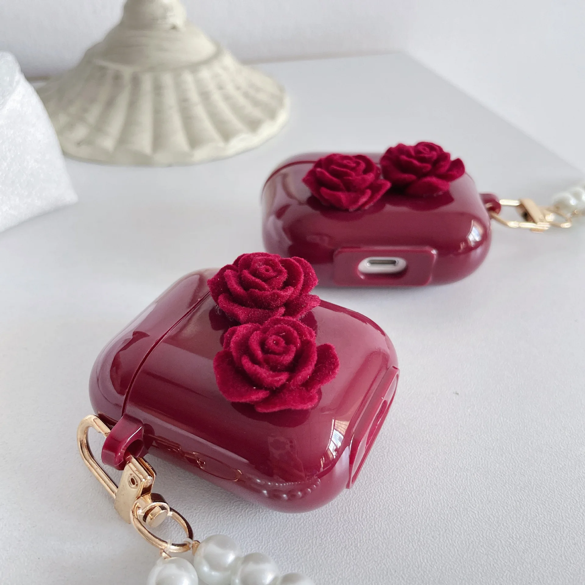 

Red Rose Flower Pearl Suitable for Airpods12/3 Generation Headset Case Pro Wireless Bluetooth Protective Soft Shell