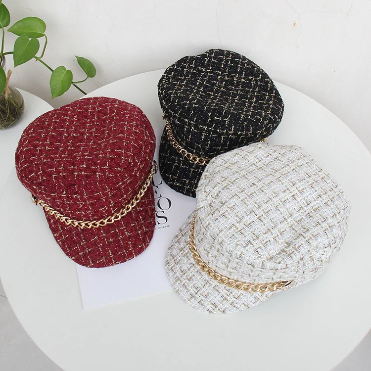 

FUFAN028 New Autumn Winter Women Printed Beret Cap Lady Cotton Flat Navy Hat Octagonal Newsboy Hat Metal Chain Gorros