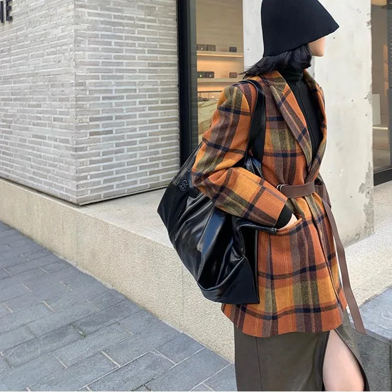 HziriP 2020 винтажный однобортный клетчатый шерстяной Блейзер с поясом куртки