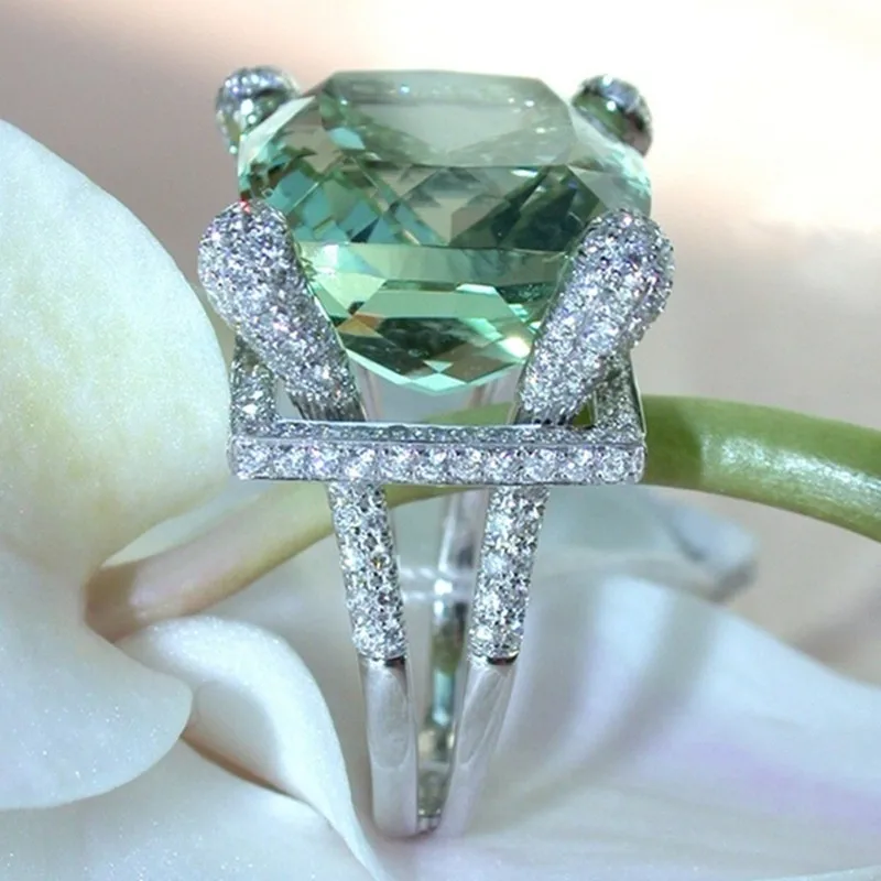 

High Quality Luxury Large Green Crystal Ring AAA Silver Color Zircon Filled Jewelry Bridal Wedding Engagement Ring Size 5-12