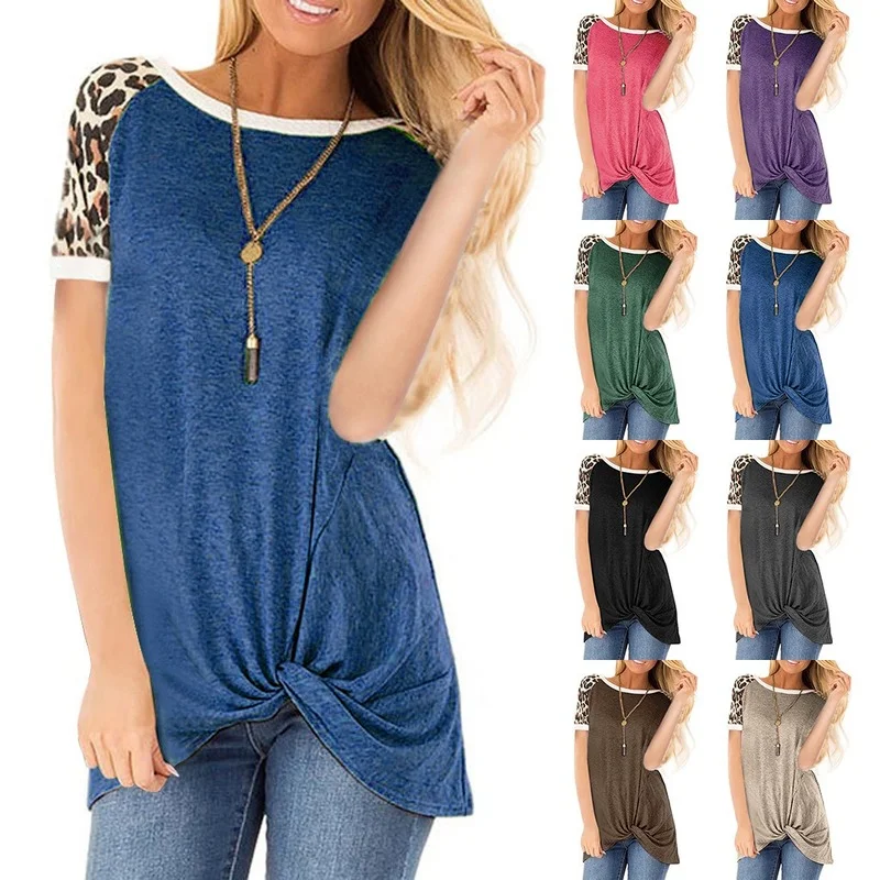 

Женские винтажные Топы в европейском и американском стиле, футболка в стиле Харадзюку с коротким рукавом, круглым вырезом и скрученным леоп...