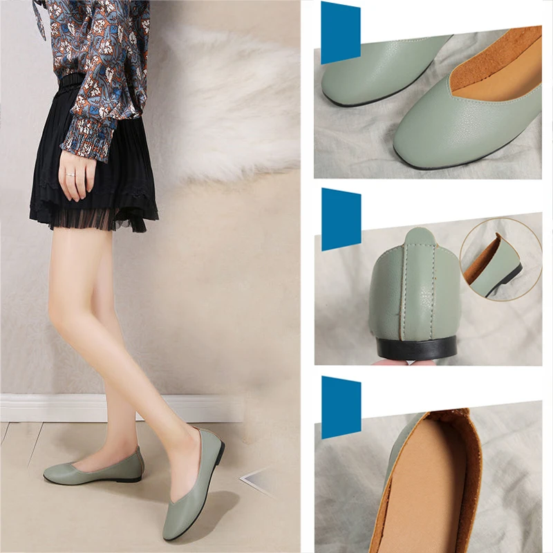 Туфли женские в стиле ретро кожа плоская подошва квадратный носок без застежки