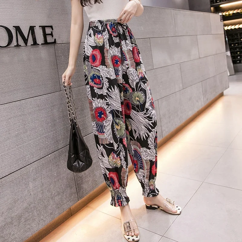 

Female 2021 Summer Women Casual Thin Print Pants Comfy Stretch High Waist Plus Size Harlan Pant Breathable Streetwear X89