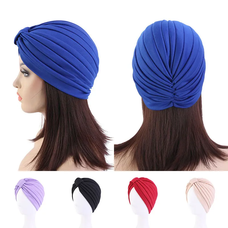 

New Women Knotted Indian Cap Inner Hijab Stretchy Ruffle Turban Muslim Hat Headband Female Solid Color Chemo Caps Adult Headwrap
