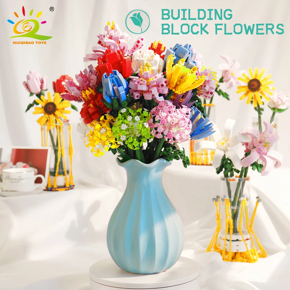 

HUIQIBAO Colorful Flower Building Blocks Lily Roses Tulips Sunflower Creative Plants Bricks Educational Toys Children Girl Gift