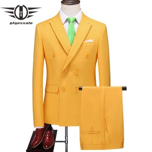 Свадебный двубортный костюм для мужчин, желтый, фиолетовый, черный, белый, ярко-синий, официальный костюм, модный, Деловой, Повседневный, с 2 разрезами, Q935