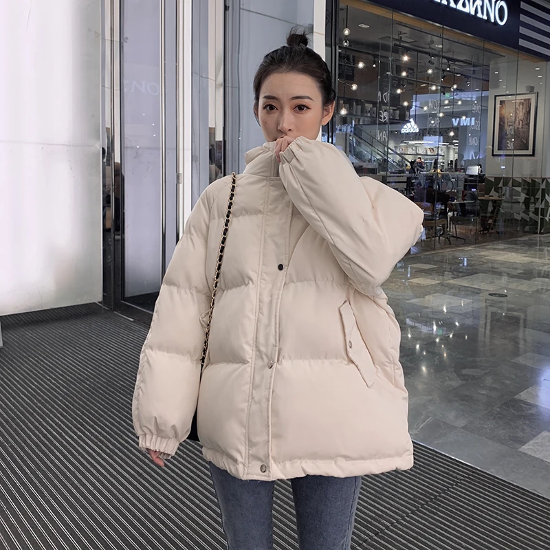 

Korean Style Pop Winter Jacket Cotton padded Women Hooded Solid Black Female Coat Loose Oversized Womens Casual Short Parkas