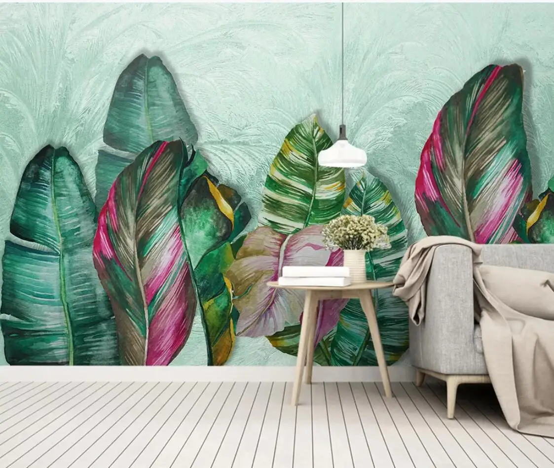 Настенная бумага с зелеными листьями и акварелью Скандинавская зеленая