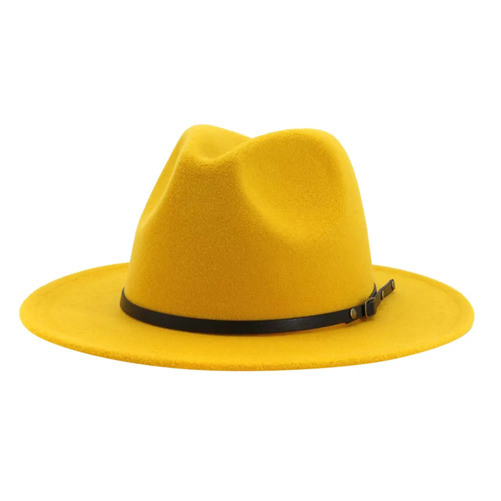 Yellow Винтажные джазовые шапки, шерстяная фетровая шляпа с широкими полями для женщин и мужчин, шерстяные зимние осенние Удобные однотонные кепки# YJ2 - Цвет: Yellow