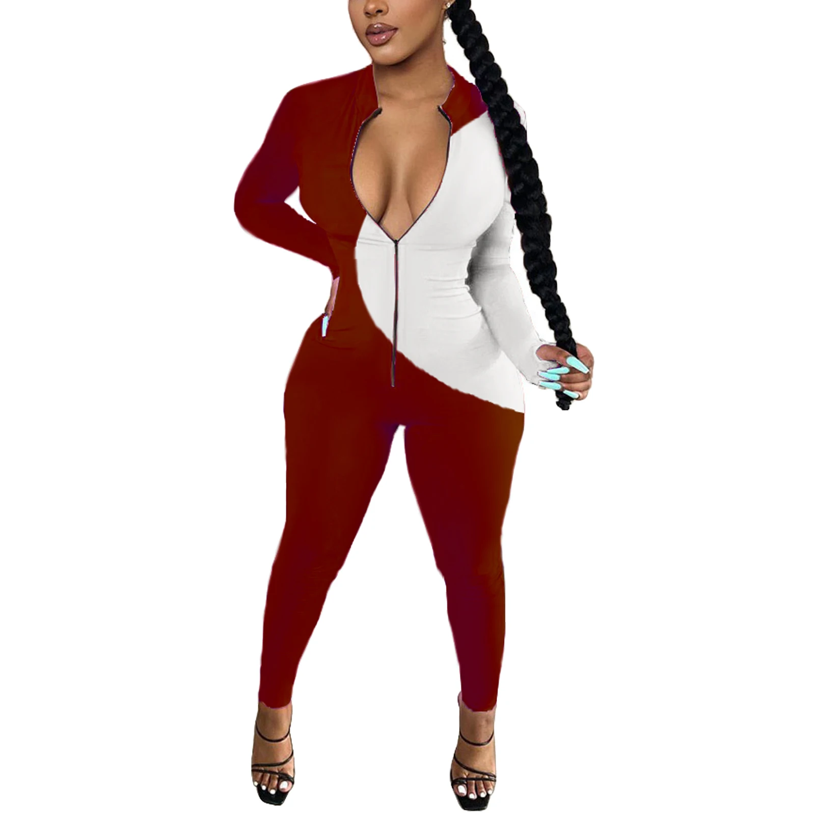 

Women rompers Fashion Color Block Jumpsuit Stylish Long Sleeve Zipper Jumpsuit for Ladies long pants sexy Tight large size