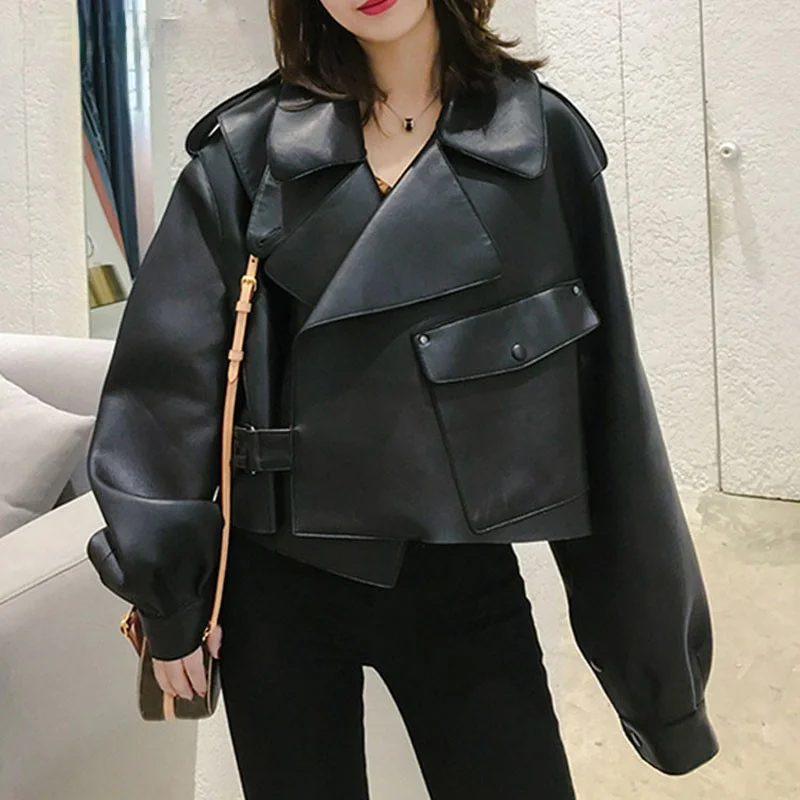 Soft Loose Vintage Biker Coat Sungtin Women Faux Leather Jacket Short Pockets Motor PU Black Jacket Autumn Street Leather Coat
