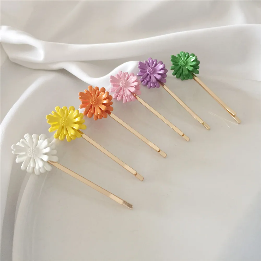 Plating White Orange Purple Green Yellow Pink Flower Decorated Hair Pin For Women Girl School Hot Summer Style