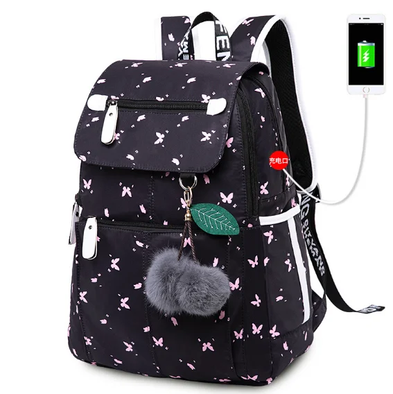 Женский модный школьный рюкзак usb школьные рюкзаки для девочек черный плюшевый