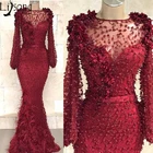 Модное Вечернее платье Abendkleider, Бордовое платье русалки с длинным рукавом и перьевой аппликацией, вечернее платье