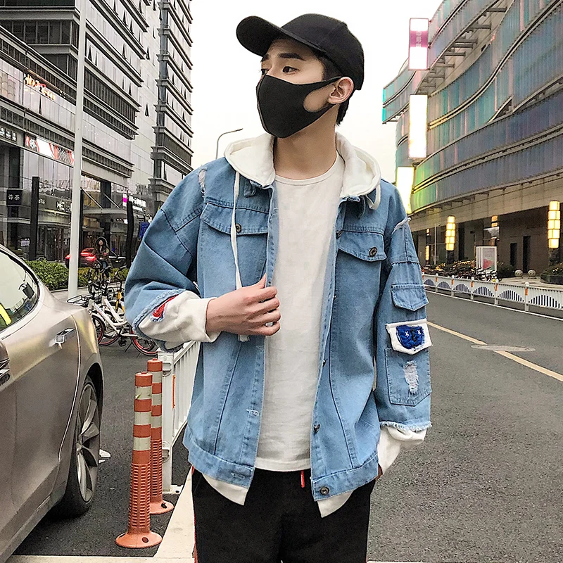 Куртка мужская джинсовая с капюшоном модная уличная одежда в стиле хип-хоп