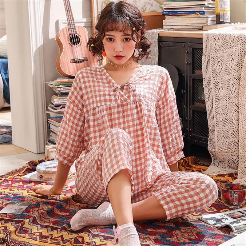 

Plaid Sleepwear Set Loose Casual Plaid cotton women pajamas set spring autumn women's nightwear half sleeve pijamas home suit