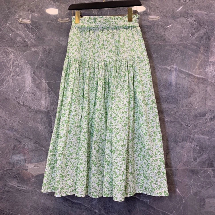 

2021 spring and summer new women's lace-up knotted waist decoration floral all-match mid-length skirt 324