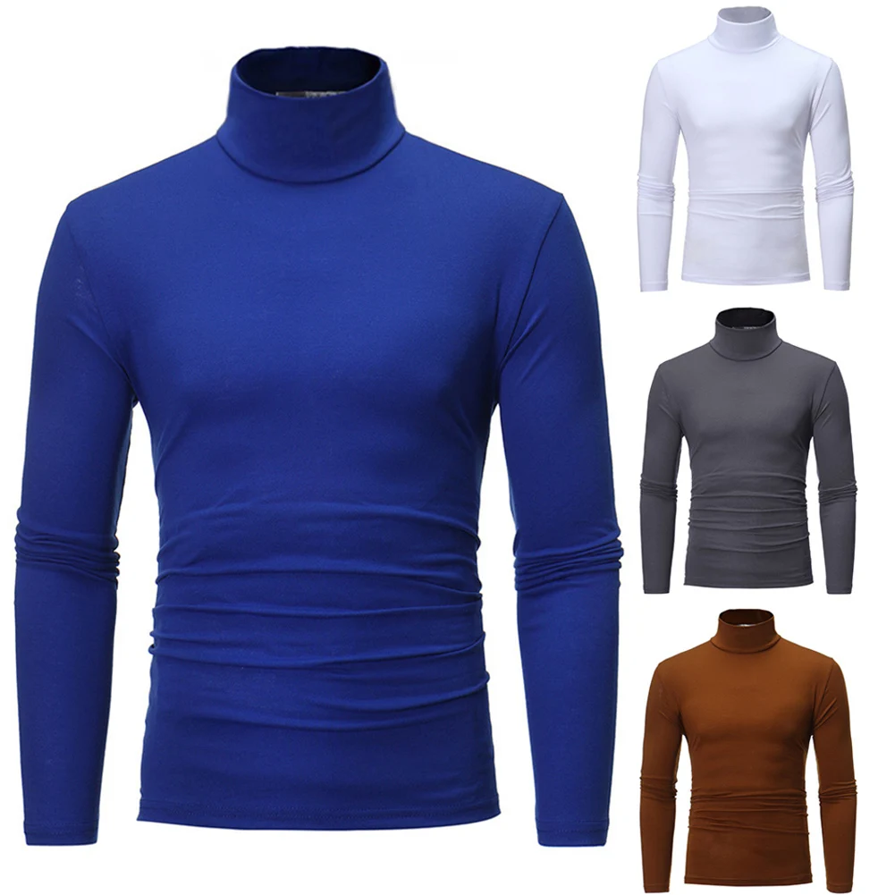 

Autumn Winter New Men's Solid Color Turtleneck T Shirts Male Slim Long Sleeve T Shirts Black White Men tshirt Tops M-3XL