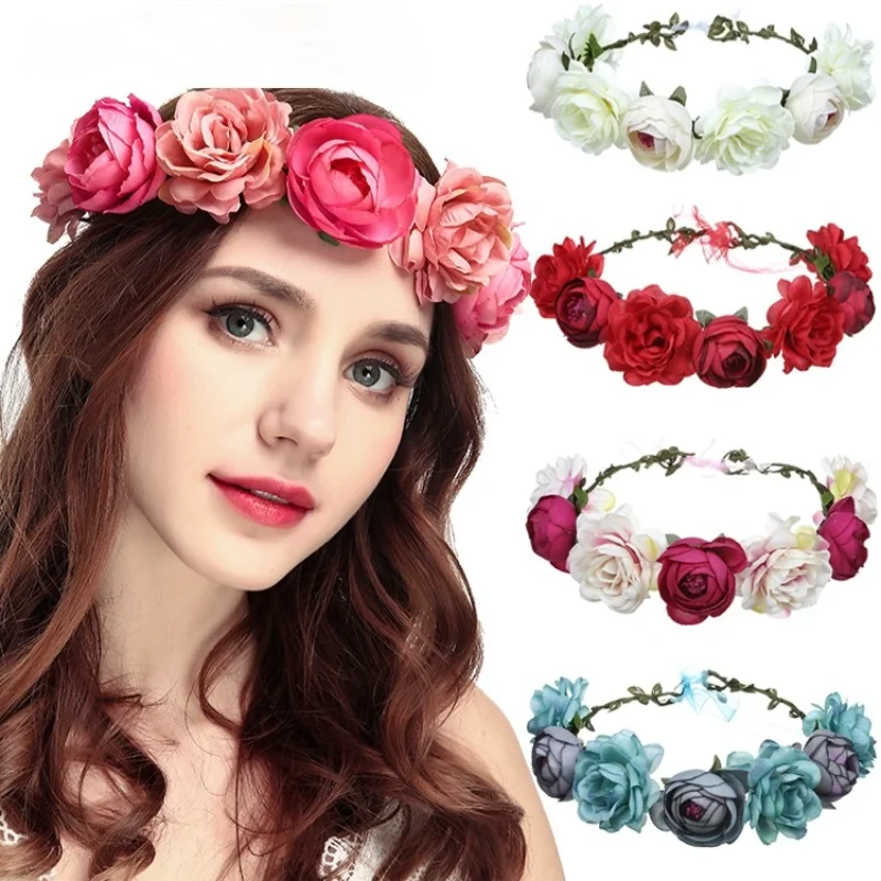 

New Big Fabric Flower Hair Bands Adjustable Wreath Headbands Hairbands For Women Girls Simulation Bride Weeding Hair Accessories