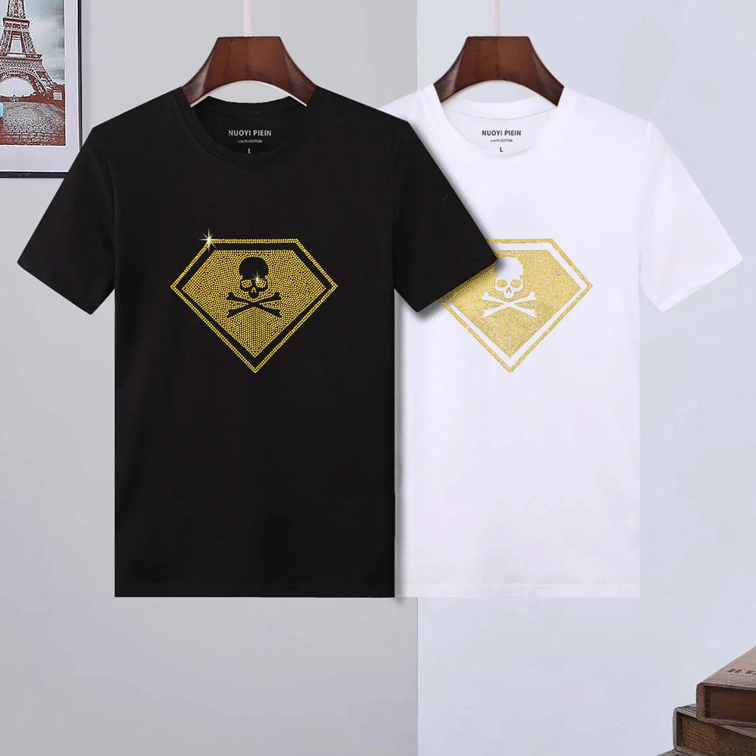 

Футболка мужская с бриллиантами и черепом, Модная стильная уличная одежда, роскошная короткая футболка, спортивный топ оверсайз