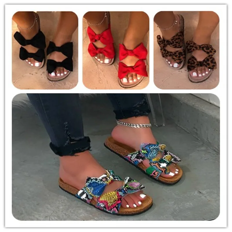 Женские сандалии из змеиной кожи на плоской подошве с бантом|Тапочки| |