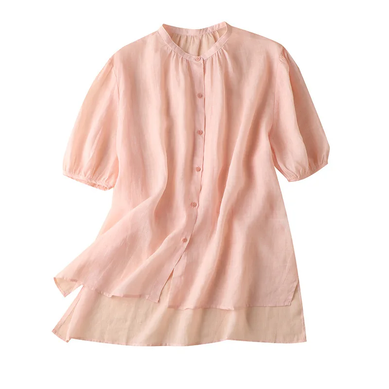 

SHUCHAN Thin Button Up Shirts Women 2021 O-Neck SHORT Sleeve Sweet Fashion Clothes Woman Feminine Clothes Pink