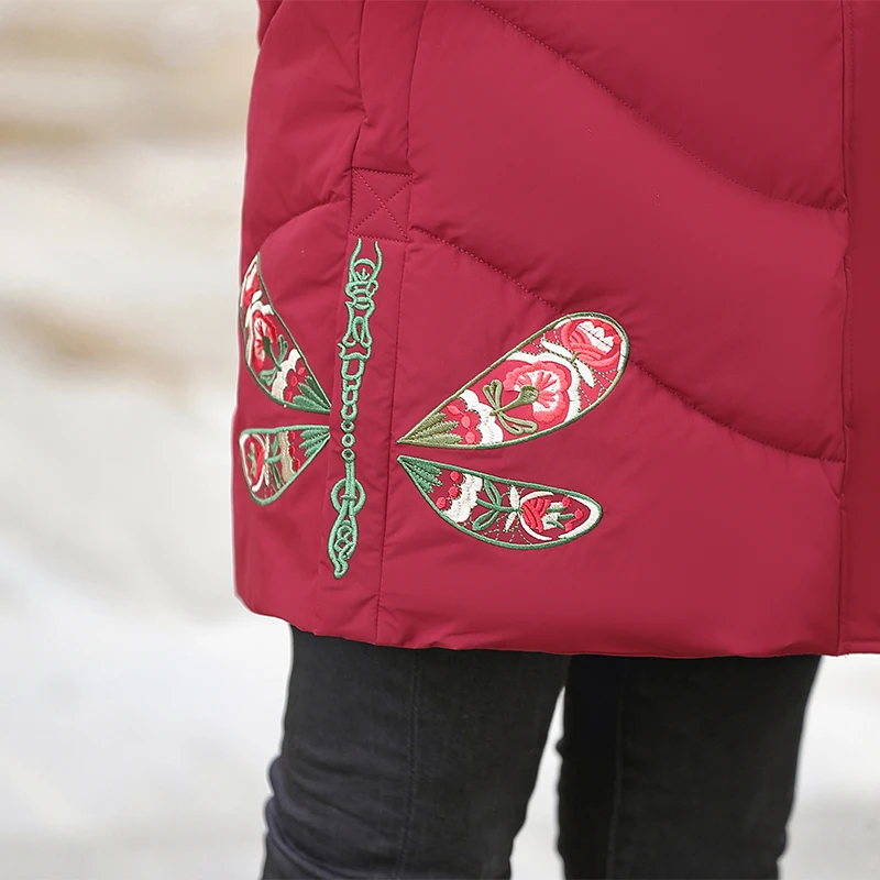 

Women Large Natural Collar Hooded Winter embroidery Parka medium long Jacket Thick Warm Parkas Female Outerwear