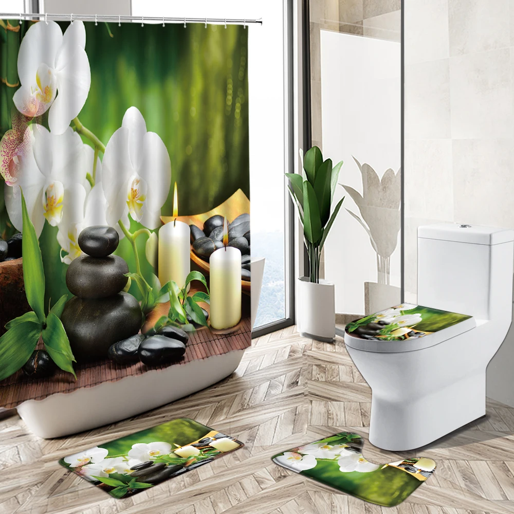 Zen Shower Curtain Set Bathroom Deco Spa Buddha Green Bamboo Orchid Stone Spring Scenery Non-Slip Rug Toilet Lid Cover Bath Mat