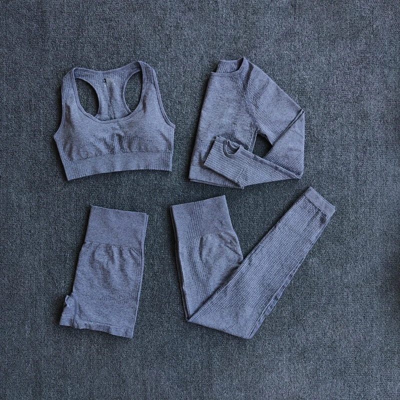 

4pcs Yoga Set Women's Sportwear Gym Clothing Fitness Long Sleeve Crop Top High Waist Leggings Sports Suits