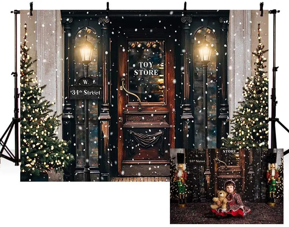 Enlarge Retro Christmas Toy Story Street Photography Background Winter Snowflake Xmas Tree Child Portrait Backdrops
