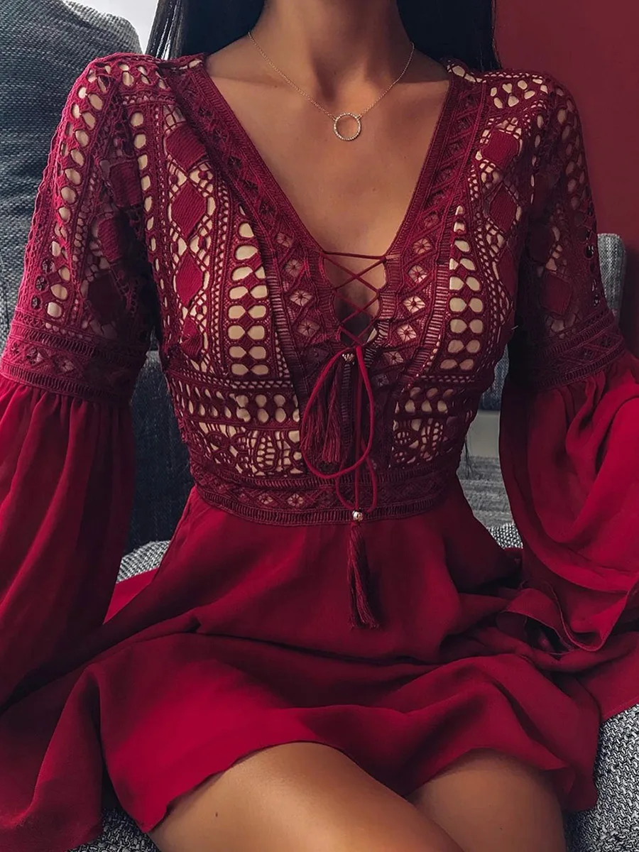 

Women White Dress Sexy Deep-V Flare Sleeve Geometric Hollow Patchwork Lace-Up Sweet Party mini holiday summer dresses young girl